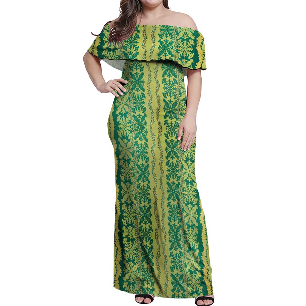 Hawaii Lei with Tribal Quilt Motif Off Shoulder Maxi Dress LT9 Women Green - Polynesian Pride