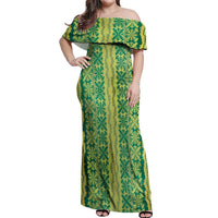 Hawaii Lei with Tribal Quilt Motif Off Shoulder Maxi Dress LT9 Women Green - Polynesian Pride