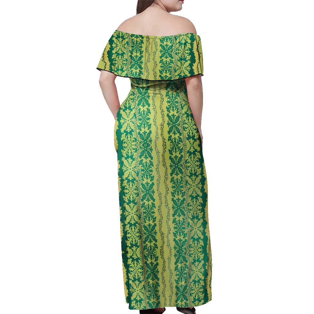 Hawaii Lei with Tribal Quilt Motif Off Shoulder Maxi Dress LT9 - Polynesian Pride