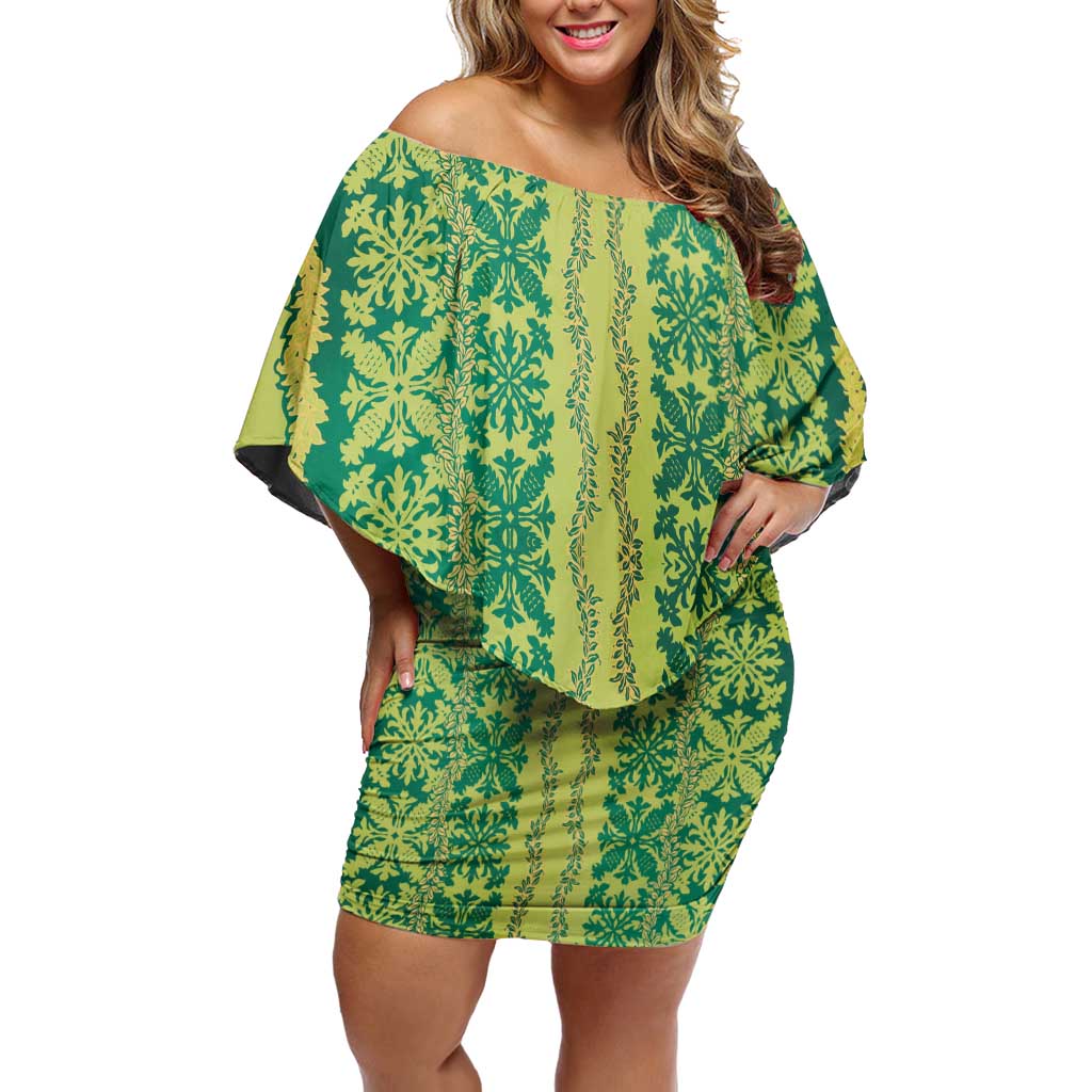 Hawaii Lei with Tribal Quilt Motif Off Shoulder Short Dress LT9 Women Green - Polynesian Pride