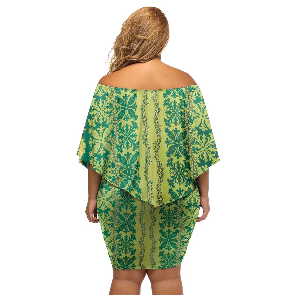 Hawaii Lei with Tribal Quilt Motif Off Shoulder Short Dress LT9 - Polynesian Pride
