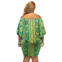 Hawaii Lei with Tribal Quilt Motif Off Shoulder Short Dress LT9 - Polynesian Pride