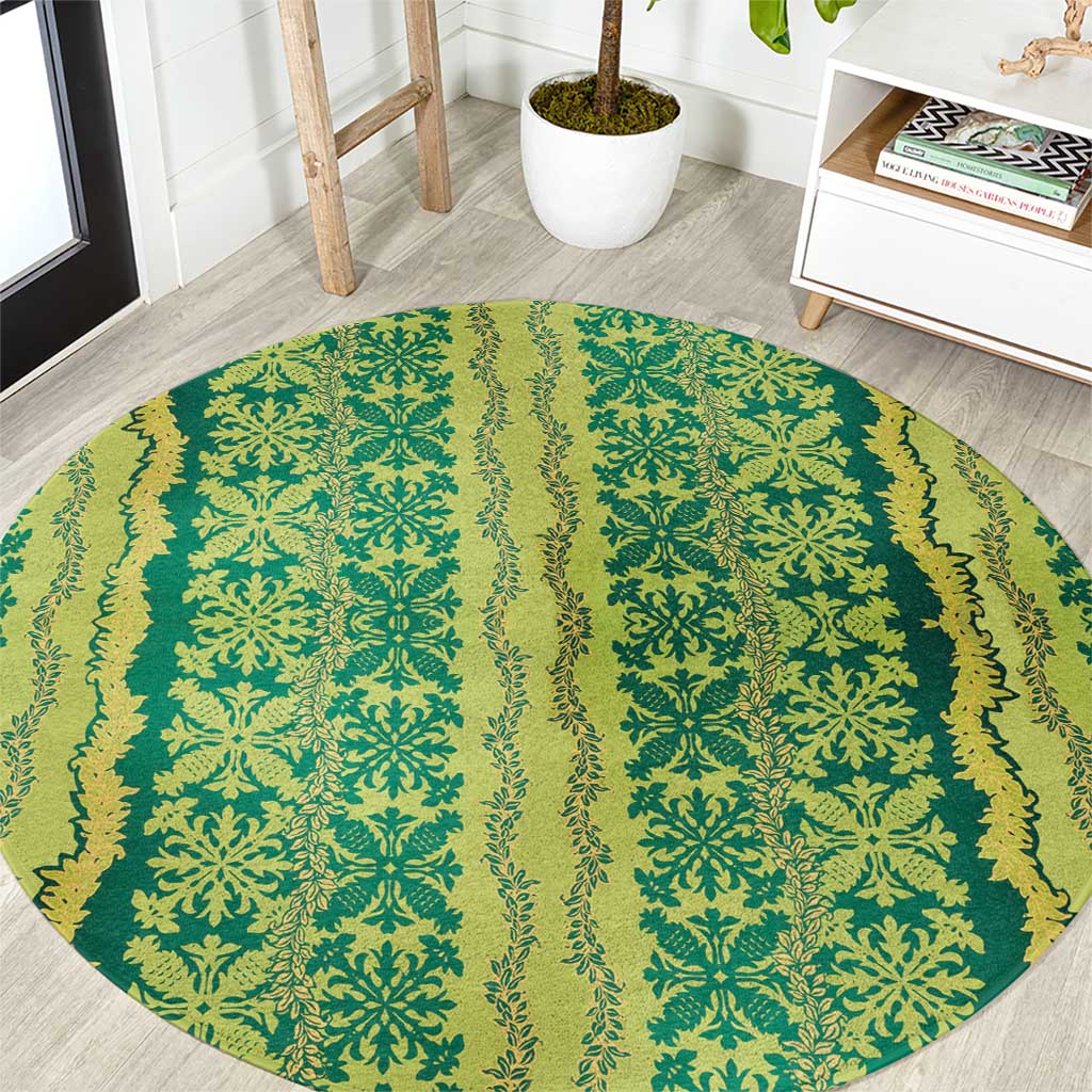 Hawaii Lei with Tribal Quilt Motif Round Carpet LT9 Green - Polynesian Pride