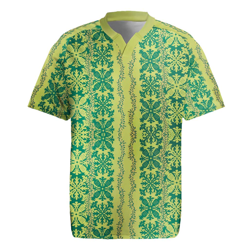 Hawaii Lei with Tribal Quilt Motif Rugby Jersey LT9 Green - Polynesian Pride