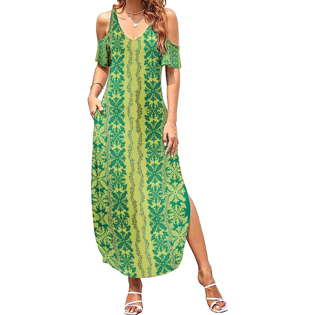 Hawaii Lei with Tribal Quilt Motif Summer Maxi Dress LT9 Women Green - Polynesian Pride