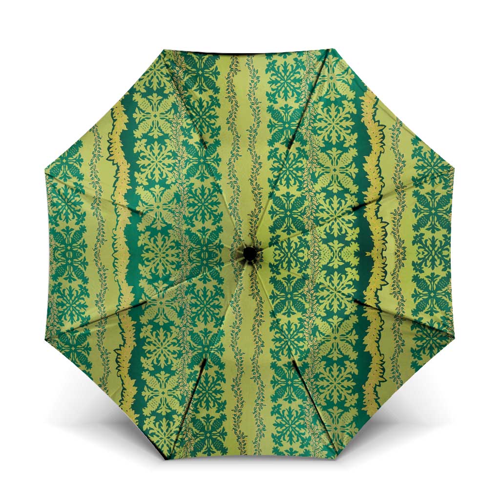 Hawaii Lei with Tribal Quilt Motif Umbrella LT9 One Size Folded 11.42 inch Opened Diameter 37.4 inch Green - Polynesian Pride