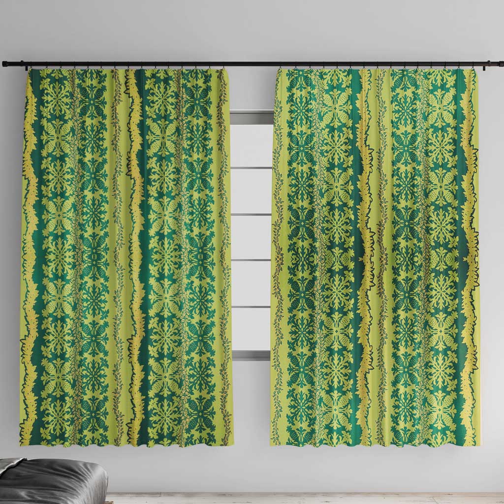 Hawaii Lei with Tribal Quilt Motif Window Curtain LT9 With Hooks Green - Polynesian Pride