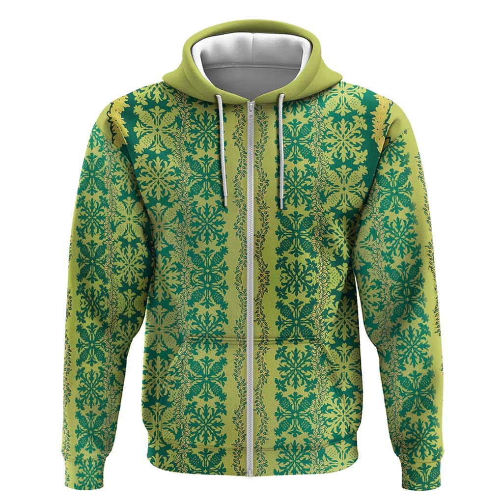 Hawaii Lei with Tribal Quilt Motif Zip Hoodie LT9 Zip Hoodie Green - Polynesian Pride