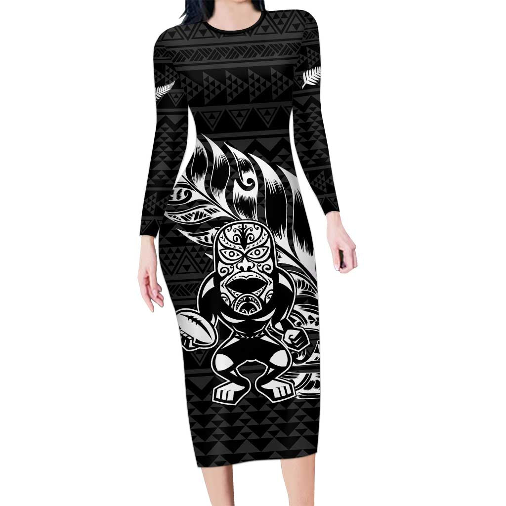 New Zealand Rugby Warrior Custom Long Sleeve Bodycon Dress Black Fern Taniko Motif