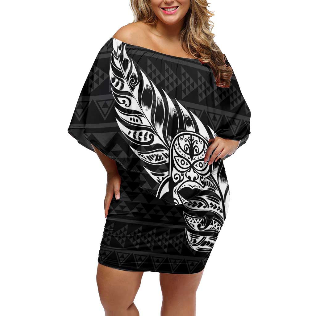 New Zealand Rugby Warrior Custom Off Shoulder Short Dress Black Fern Taniko Motif