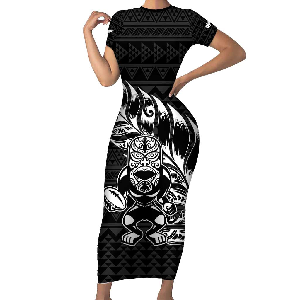 New Zealand Rugby Warrior Custom Short Sleeve Bodycon Dress Black Fern Taniko Motif