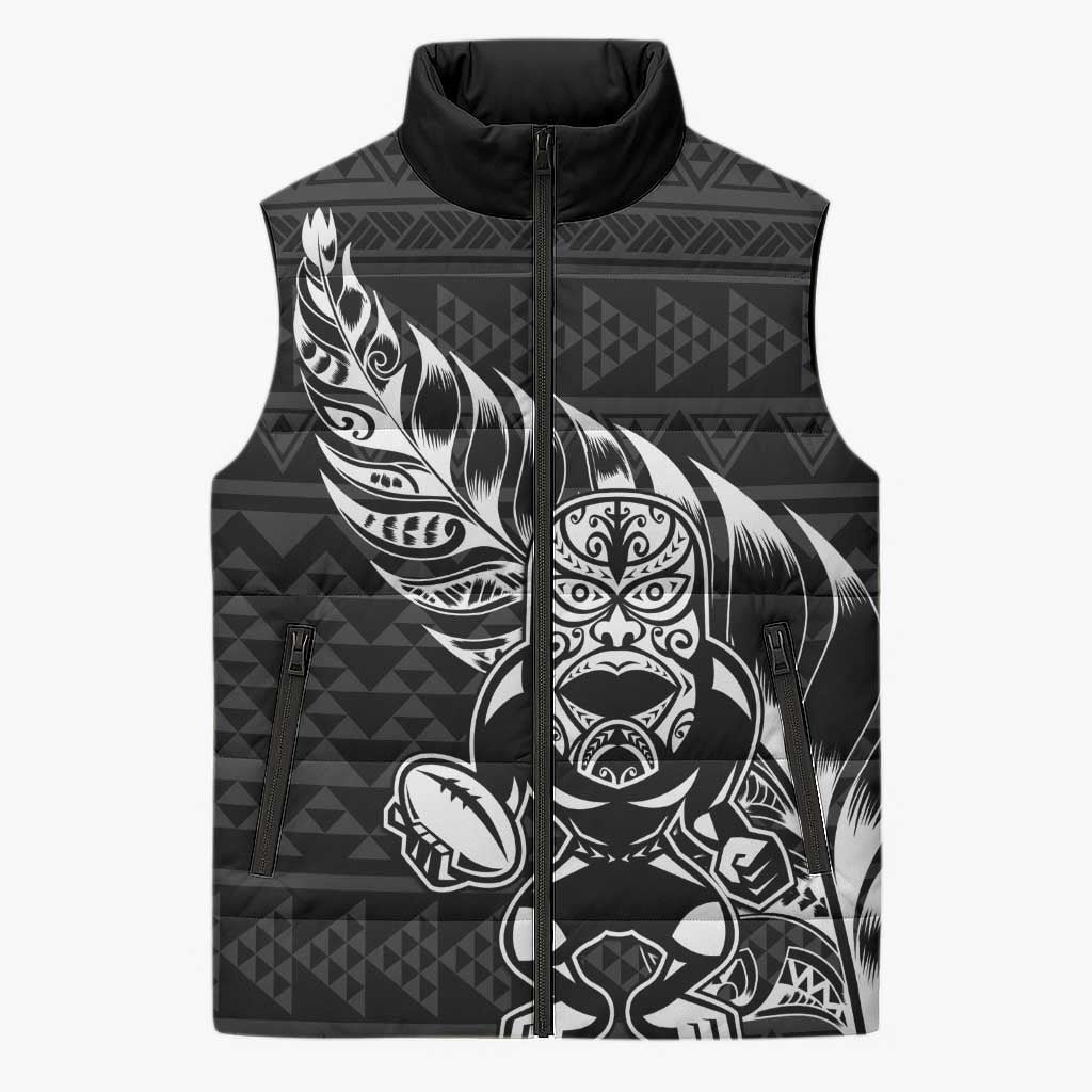 New Zealand Rugby Warrior Custom Sleeveless Puffer Jacket Black Fern Taniko Motif LT9 Unisex Black - Polynesian Pride