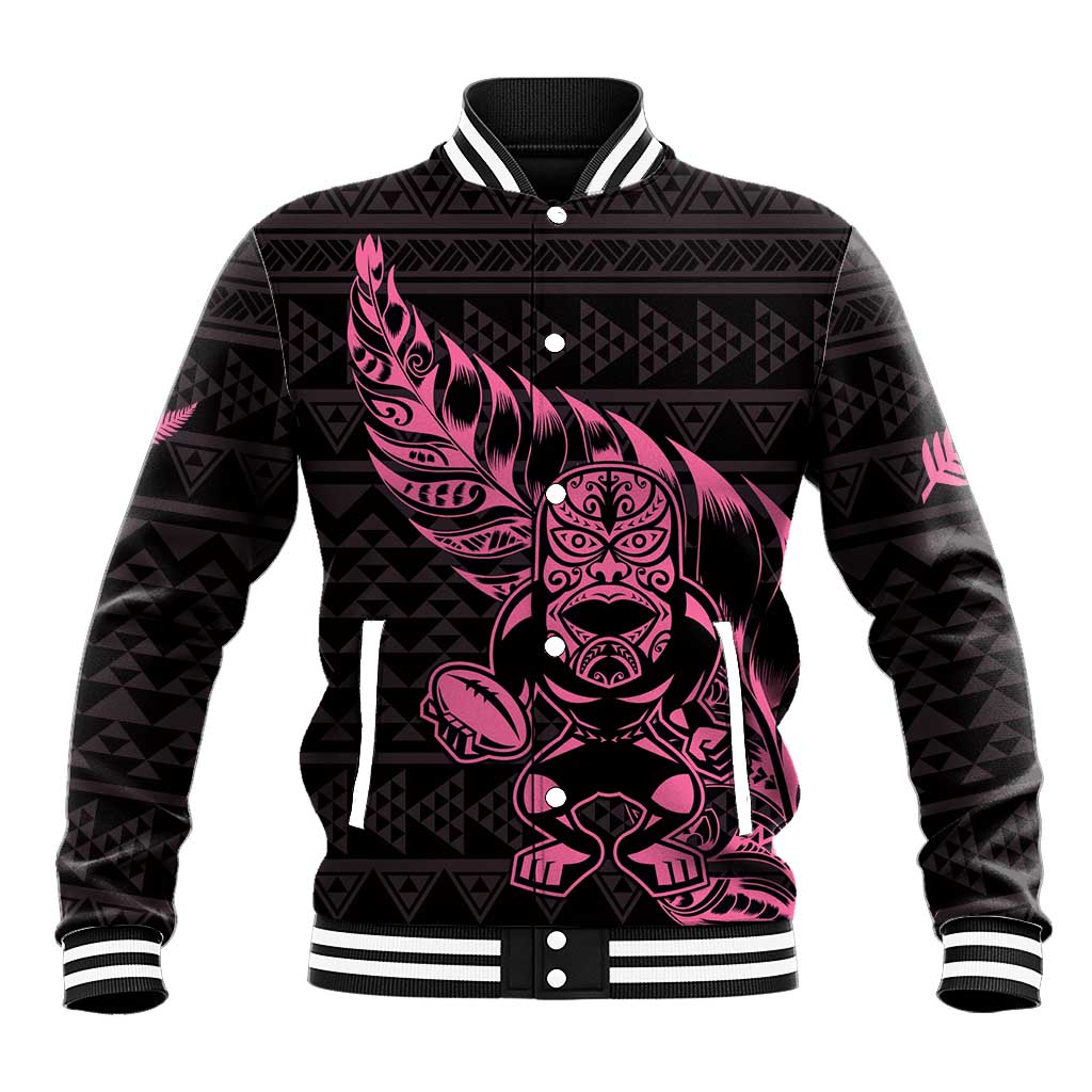 New Zealand Rugby Warrior Custom Baseball Jacket Pink Fern Taniko Motif LT9 Unisex Pink - Polynesian Pride