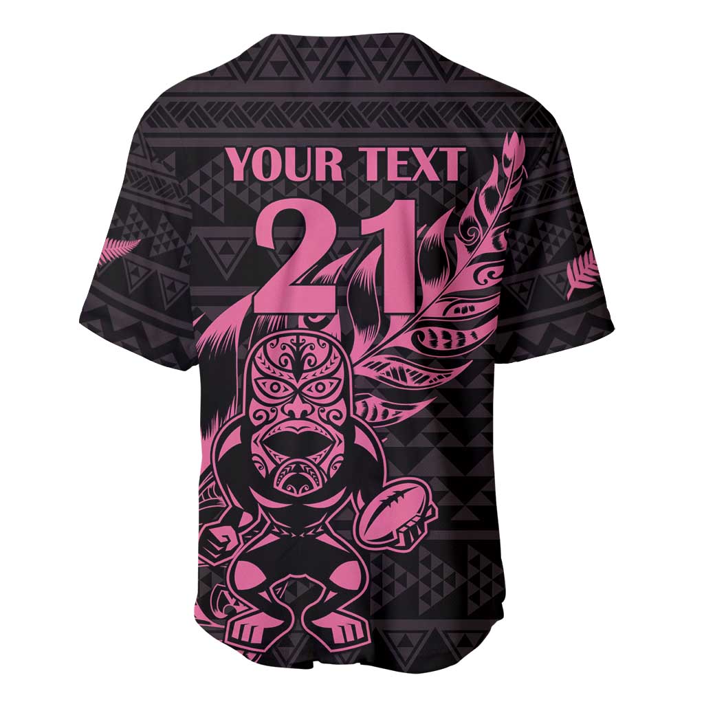 New Zealand Rugby Warrior Custom Baseball Jersey Pink Fern Taniko Motif LT9 - Polynesian Pride