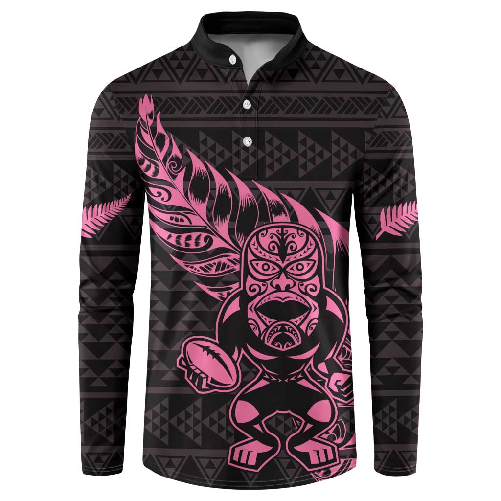 New Zealand Rugby Warrior Custom Button Sweatshirt Pink Fern Taniko Motif LT9 Pink - Polynesian Pride