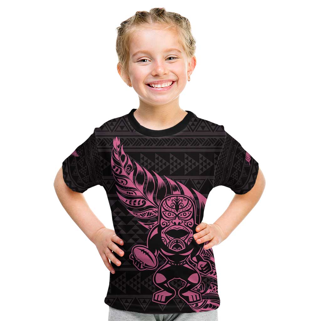 New Zealand Rugby Warrior Custom Kid T Shirt Pink Fern Taniko Motif LT9 Pink - Polynesian Pride