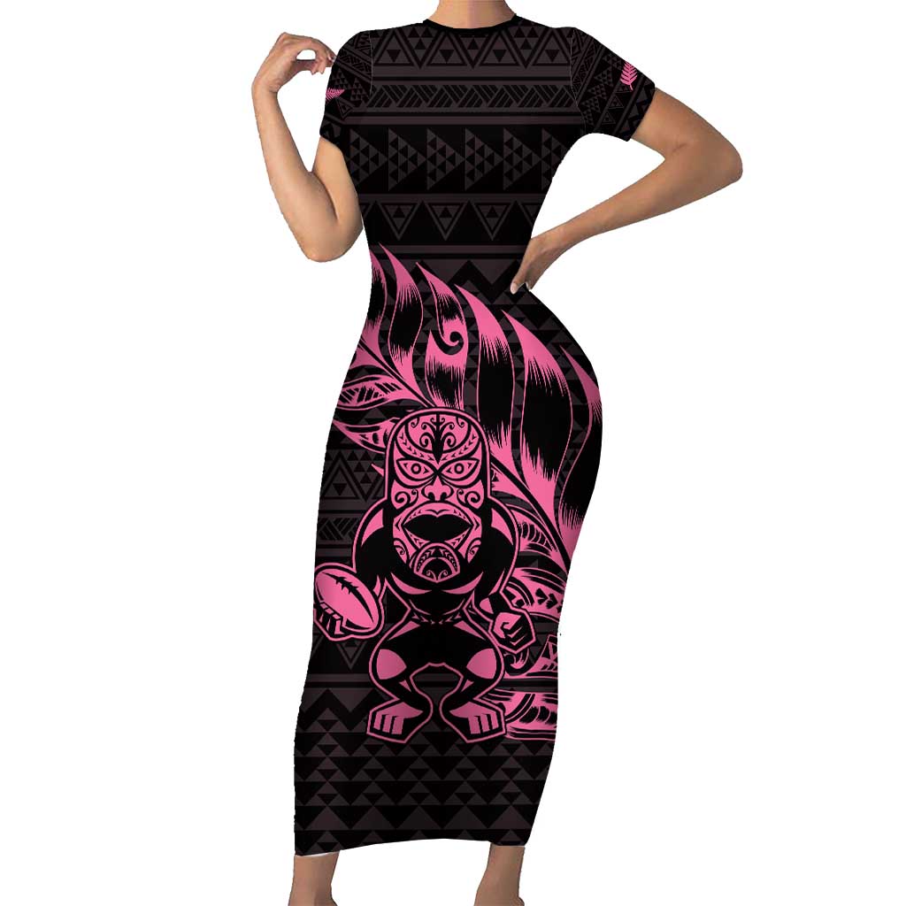 New Zealand Rugby Warrior Custom Short Sleeve Bodycon Dress Pink Fern Taniko Motif