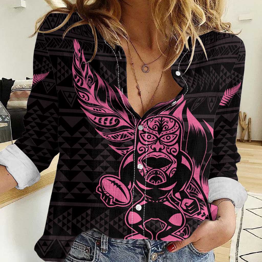 New Zealand Rugby Warrior Custom Women Casual Shirt Pink Fern Taniko Motif