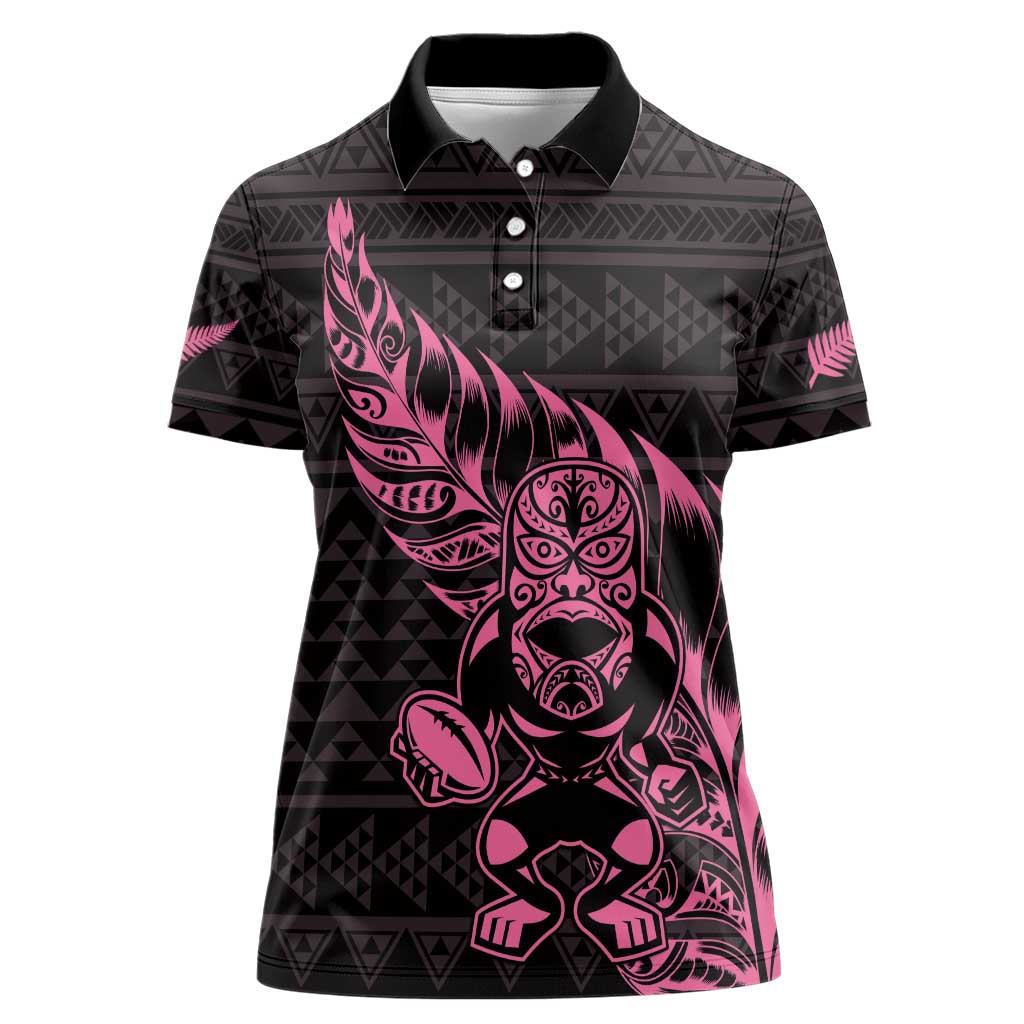 New Zealand Rugby Warrior Custom Women Polo Shirt Pink Fern Taniko Motif