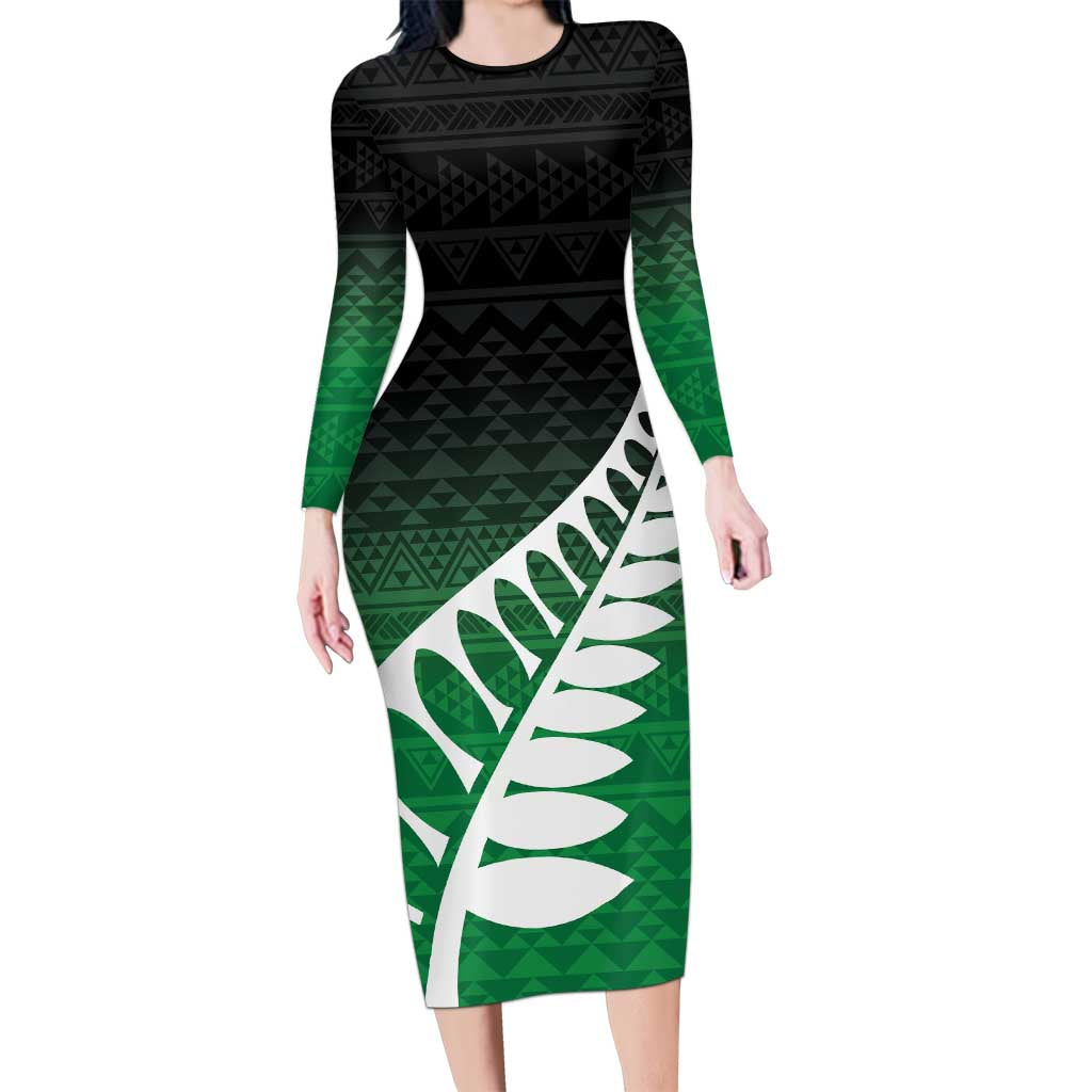 Green Silver Fern Spirit Taniko Tukutuku Personalised Long Sleeve Bodycon Dress