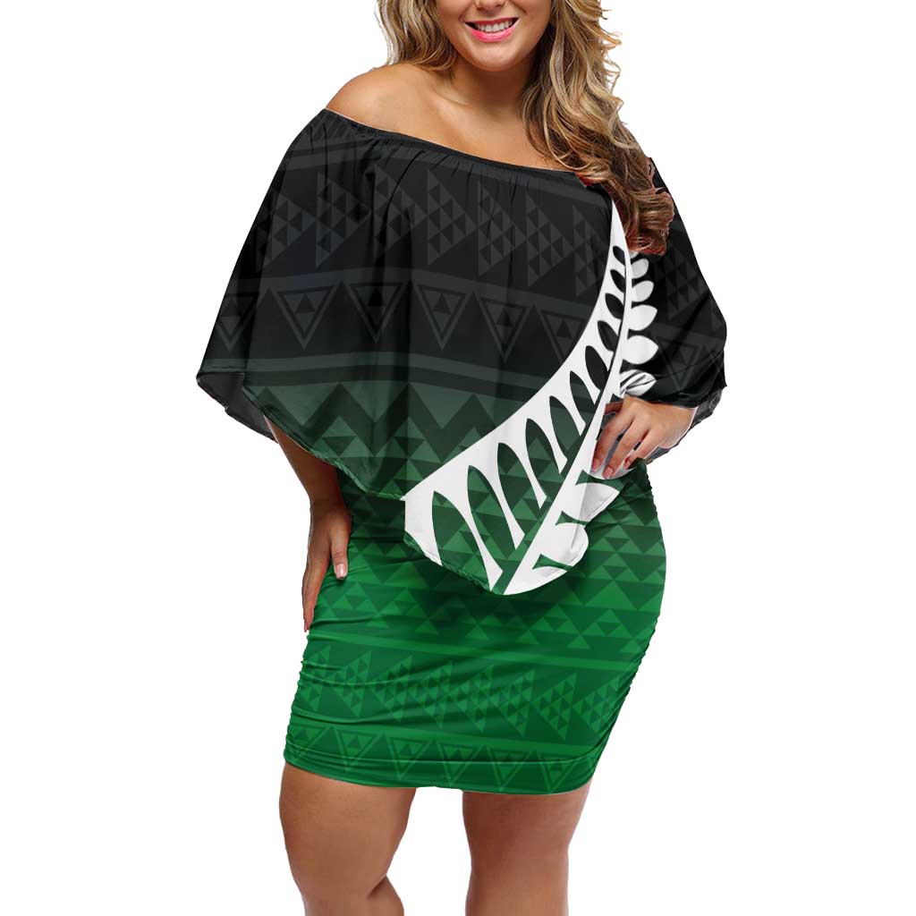 Green Silver Fern Spirit Taniko Tukutuku Personalised Off Shoulder Short Dress