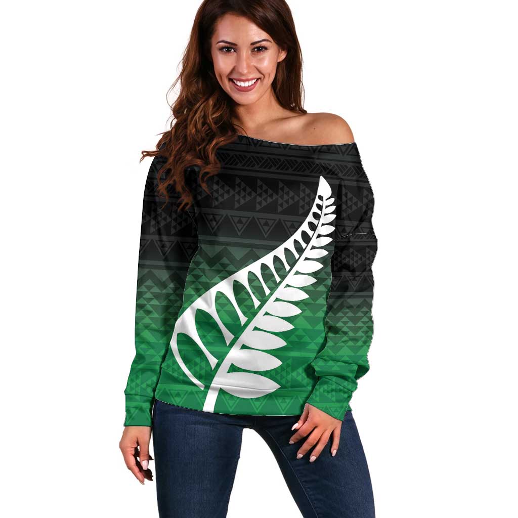 Green Silver Fern Spirit Taniko Tukutuku Personalised Off Shoulder Sweater