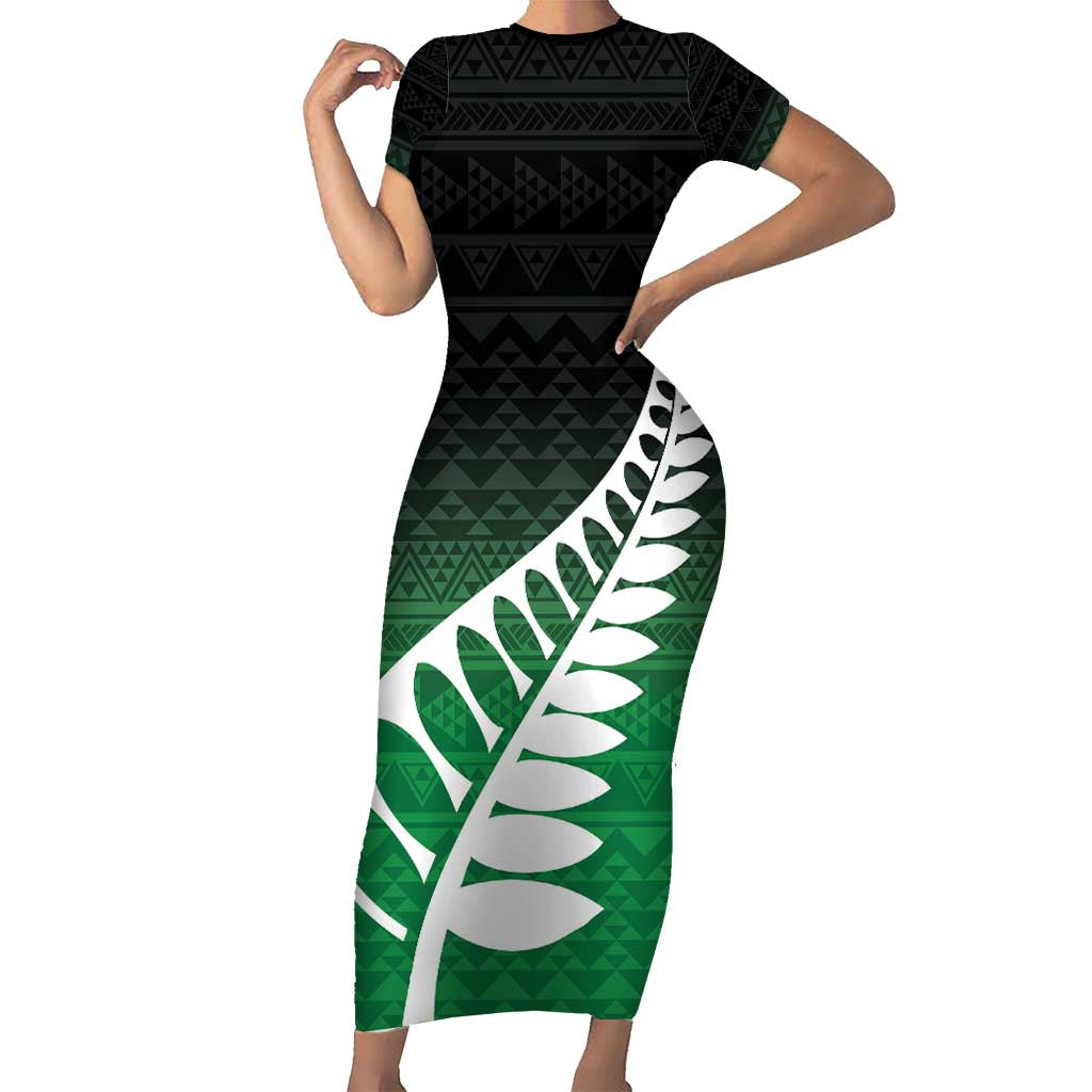 Green Silver Fern Spirit Taniko Tukutuku Personalised Short Sleeve Bodycon Dress