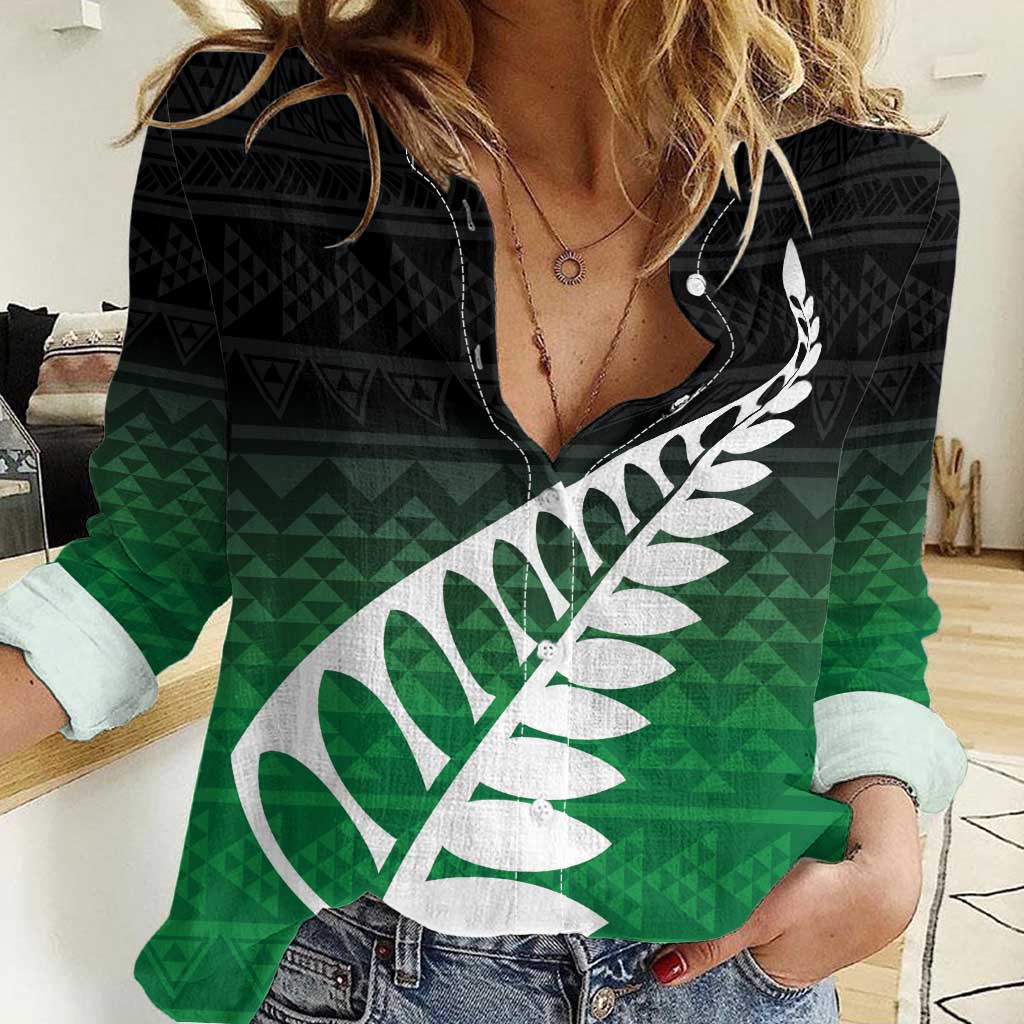 Green Silver Fern Spirit Taniko Tukutuku Personalised Women Casual Shirt