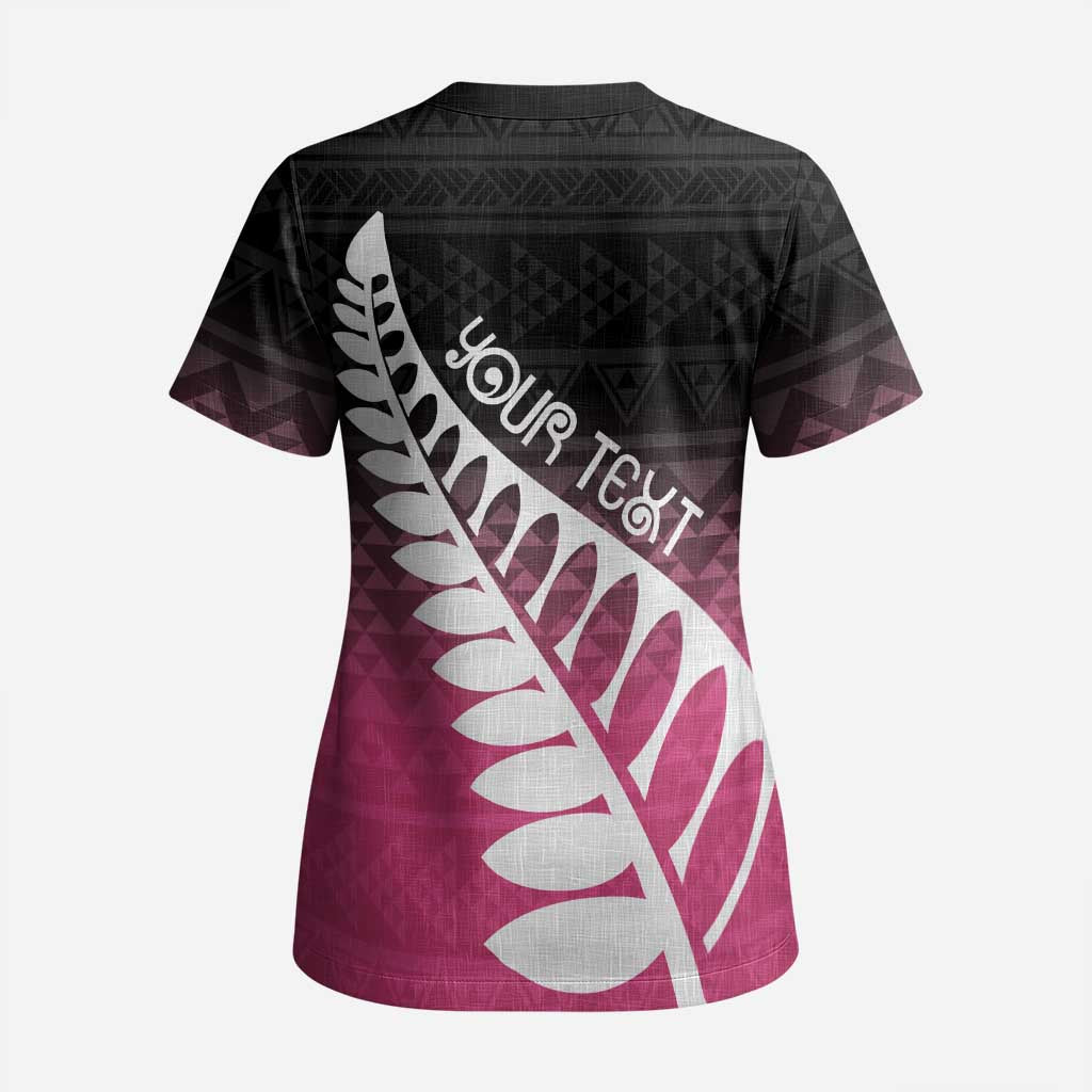 Pink Silver Fern Spirit Taniko Tukutuku Personalised Scrub Top LT9 - Polynesian Pride