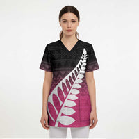 Pink Silver Fern Spirit Taniko Tukutuku Personalised Scrub Top LT9 - Polynesian Pride