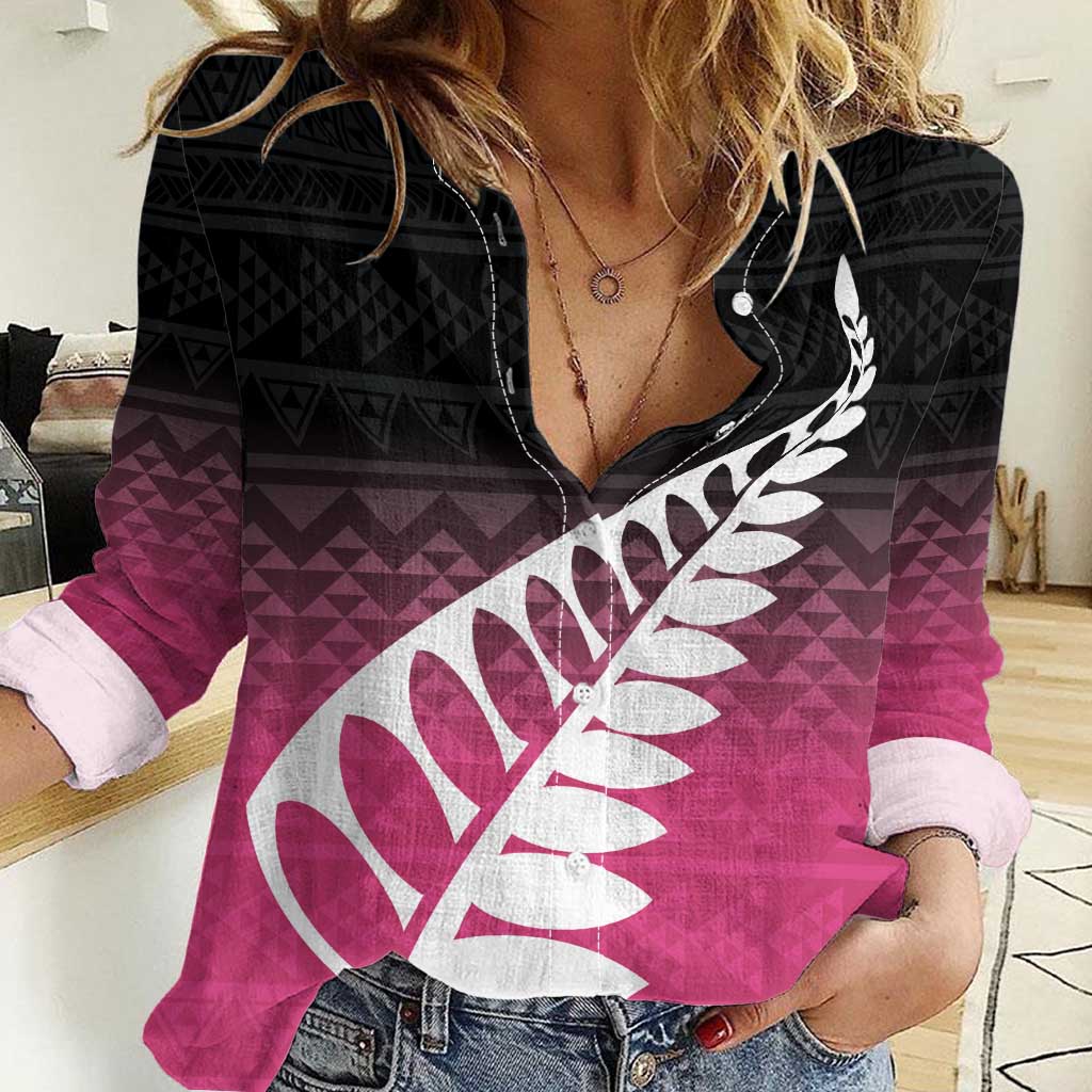 Pink Silver Fern Spirit Taniko Tukutuku Personalised Women Casual Shirt