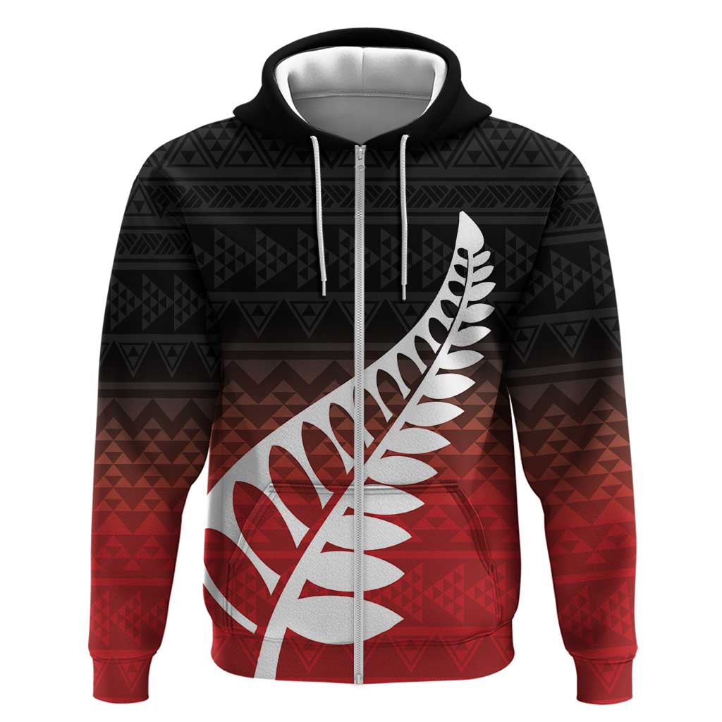 Red Silver Fern Spirit Taniko Tukutuku Personalised Hoodie LT9 Zip Hoodie Red - Polynesian Pride