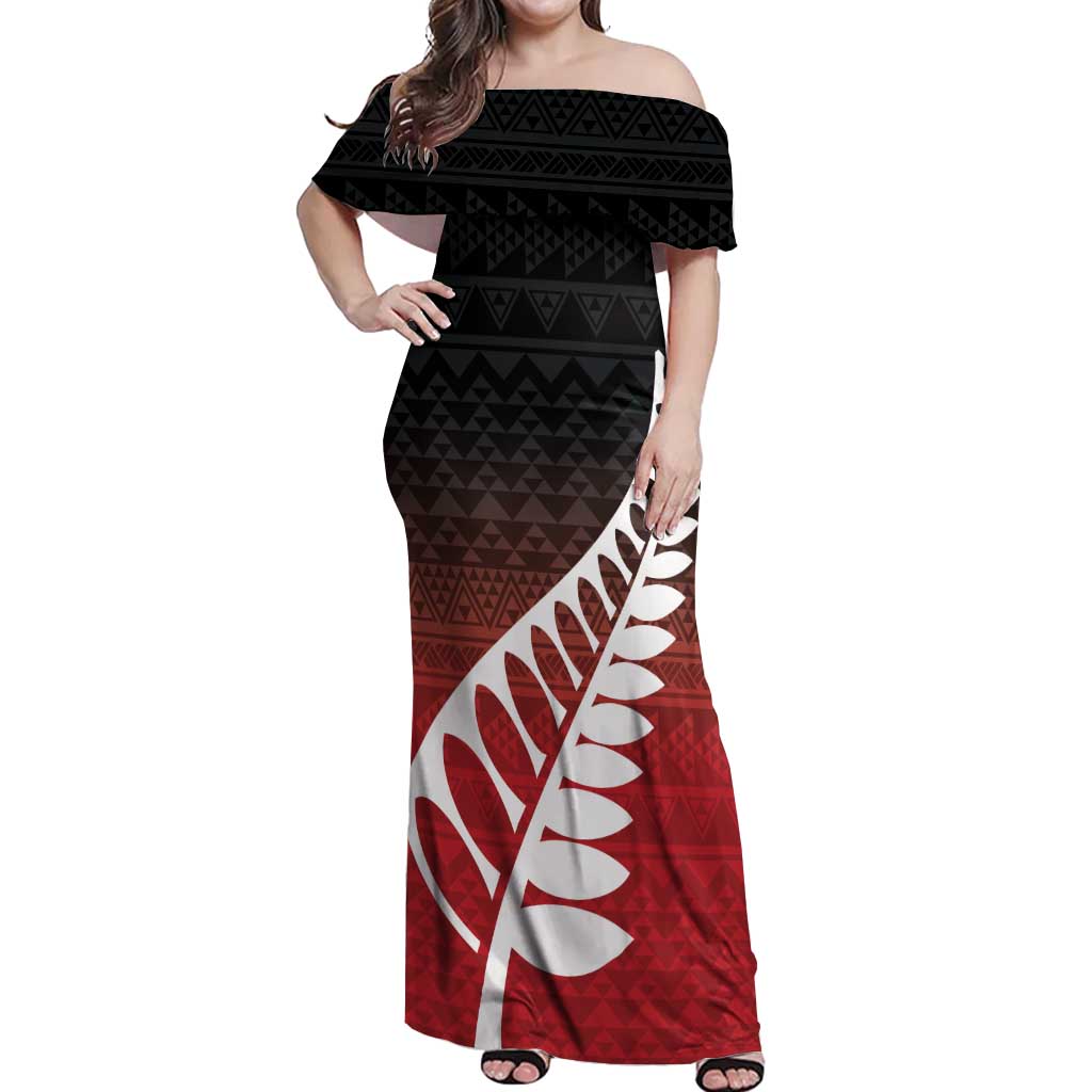 Red Silver Fern Spirit Taniko Tukutuku Personalised Off Shoulder Maxi Dress