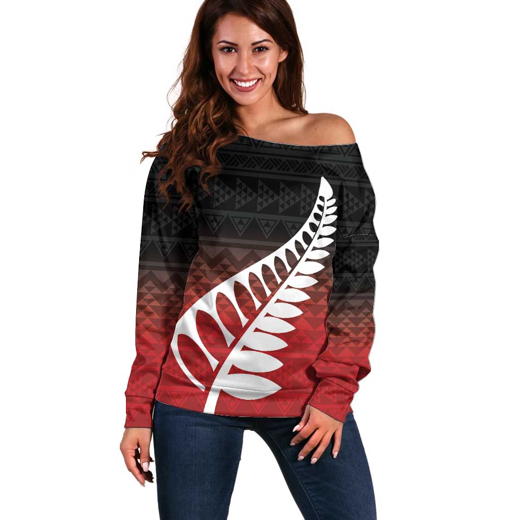 Red Silver Fern Spirit Taniko Tukutuku Personalised Off Shoulder Sweater