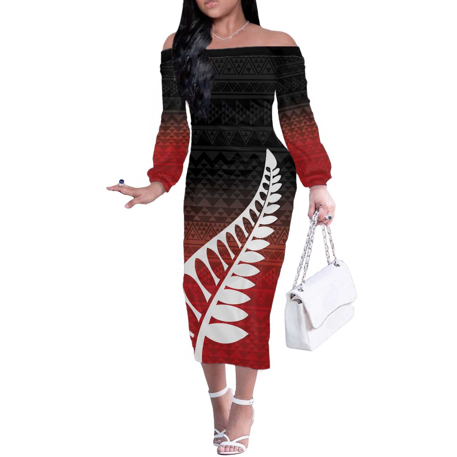 Red Silver Fern Spirit Taniko Tukutuku Personalised Off The Shoulder Long Sleeve Dress