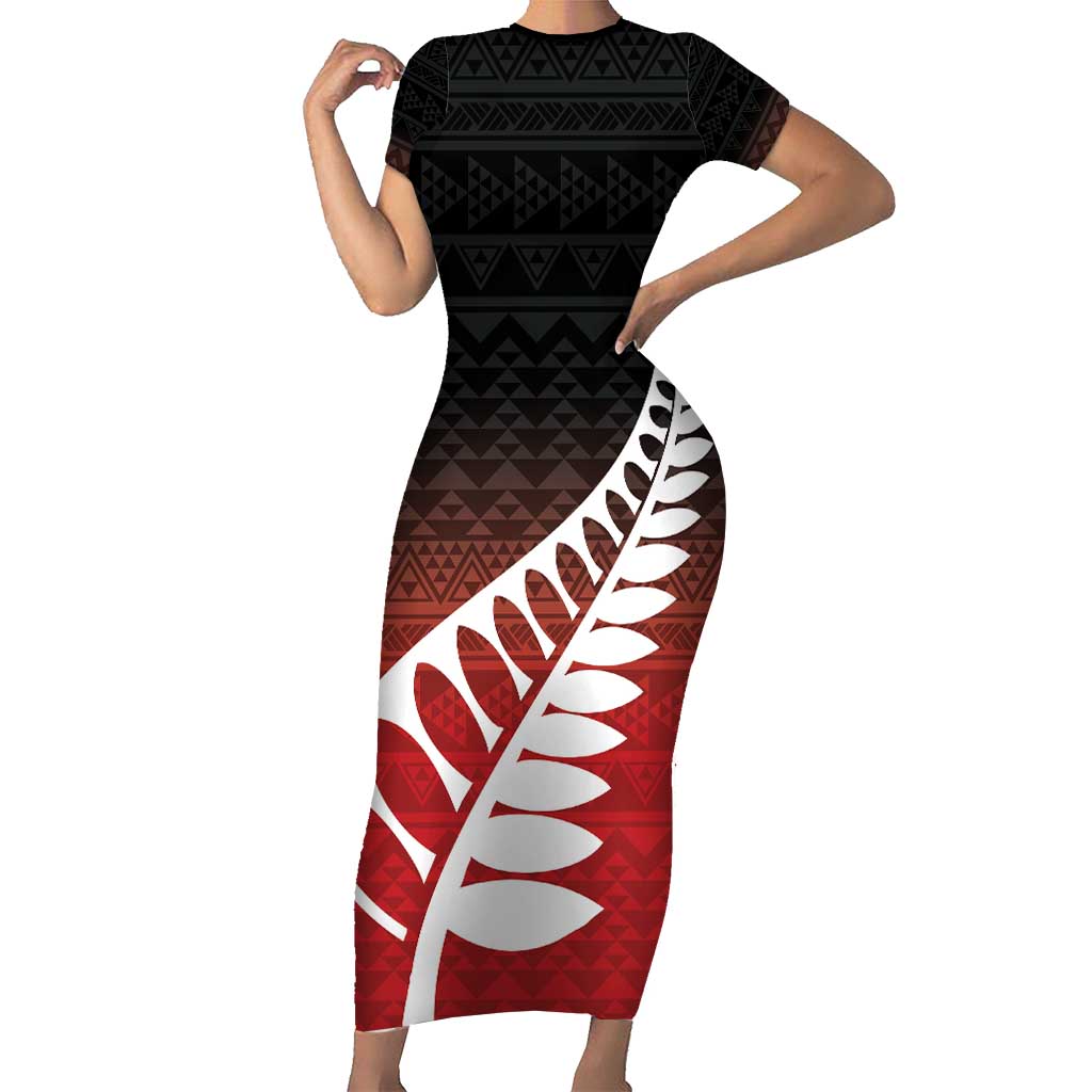 Red Silver Fern Spirit Taniko Tukutuku Personalised Short Sleeve Bodycon Dress