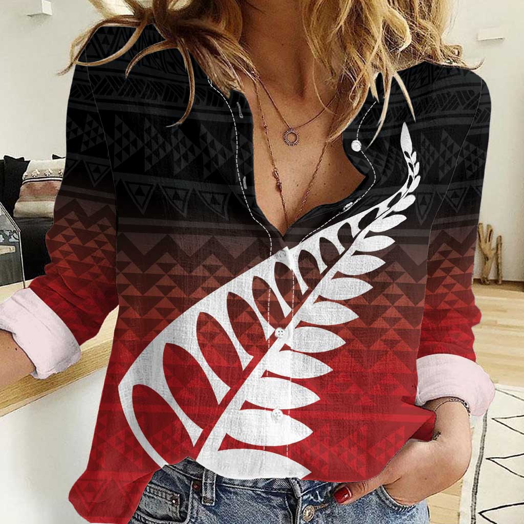 Red Silver Fern Spirit Taniko Tukutuku Personalised Women Casual Shirt