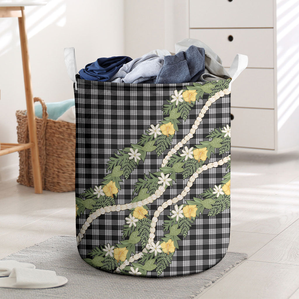 Aloha Puakenikeni Anthurium Pikake Lei Laundry Basket Black Hawaiian Palaka Pattern LT9 Black - Polynesian Pride