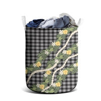 Aloha Puakenikeni Anthurium Pikake Lei Laundry Basket Black Hawaiian Palaka Pattern LT9 - Polynesian Pride