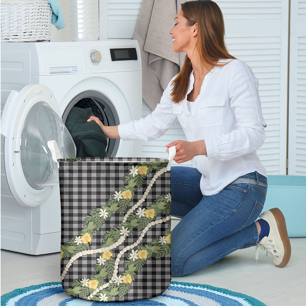 Aloha Puakenikeni Anthurium Pikake Lei Laundry Basket Black Hawaiian Palaka Pattern LT9 - Polynesian Pride