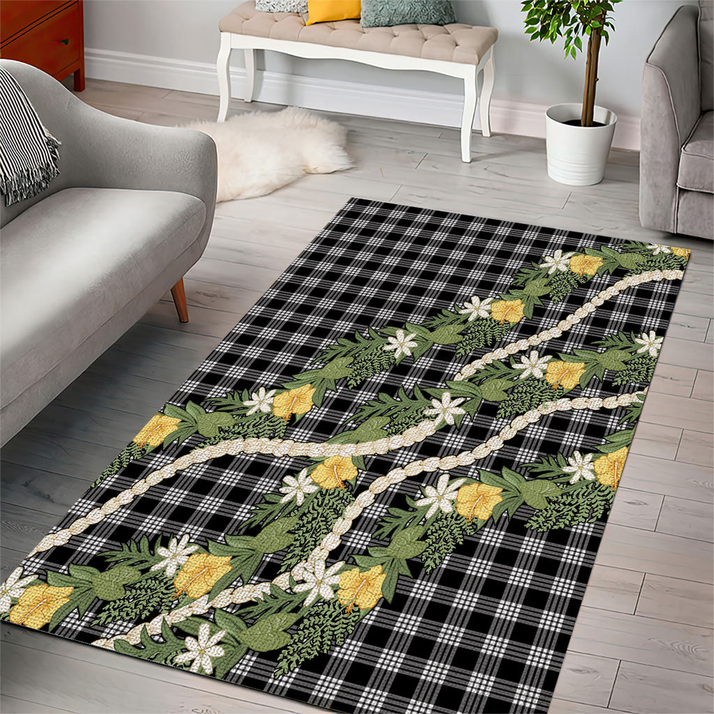 Aloha Puakenikeni Anthurium Pikake Lei Area Rug Black Hawaiian Palaka Pattern LT9 - Polynesian Pride