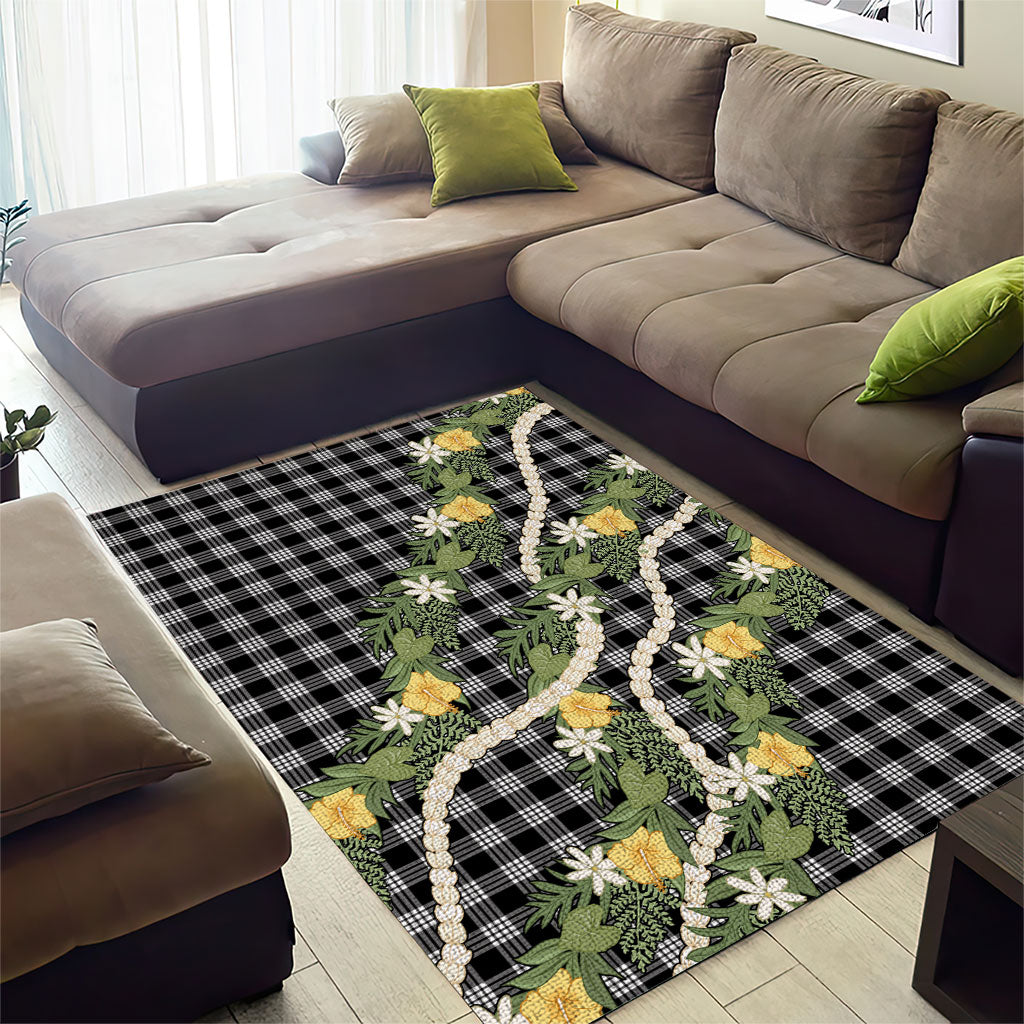 Aloha Puakenikeni Anthurium Pikake Lei Area Rug Black Hawaiian Palaka Pattern LT9 - Polynesian Pride