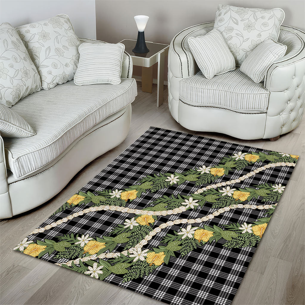 Aloha Puakenikeni Anthurium Pikake Lei Area Rug Black Hawaiian Palaka Pattern LT9 - Polynesian Pride