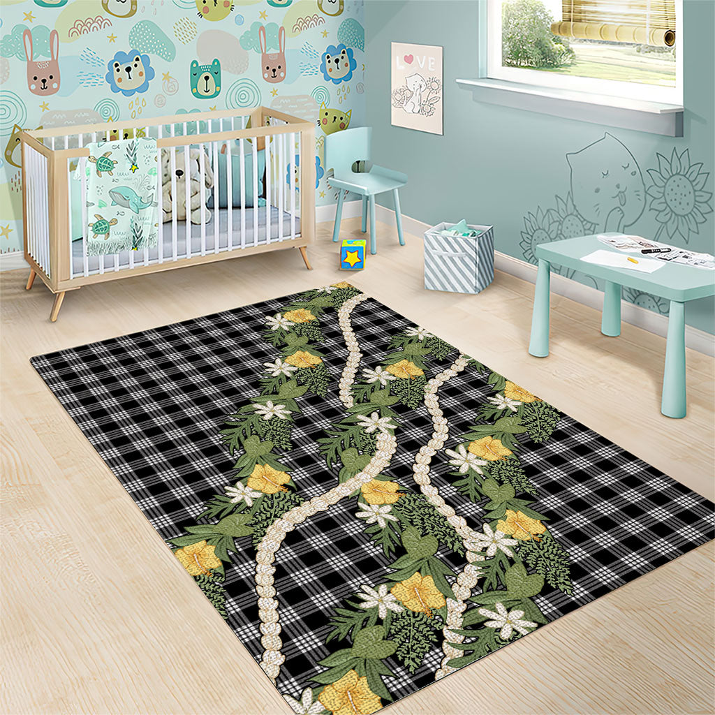 Aloha Puakenikeni Anthurium Pikake Lei Area Rug Black Hawaiian Palaka Pattern LT9 - Polynesian Pride