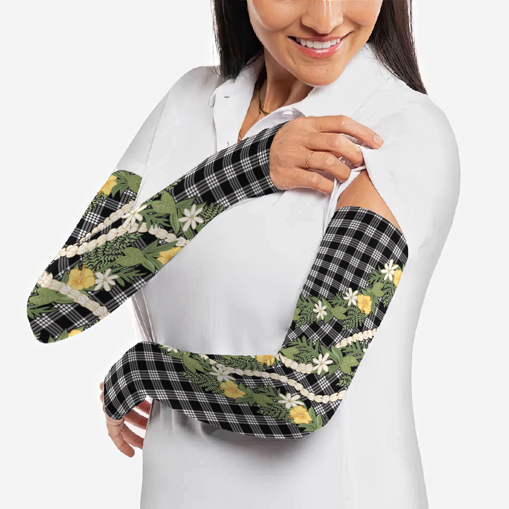 Aloha Puakenikeni Anthurium Pikake Lei Arm Sleeves Black Hawaiian Palaka Pattern LT9 - Polynesian Pride