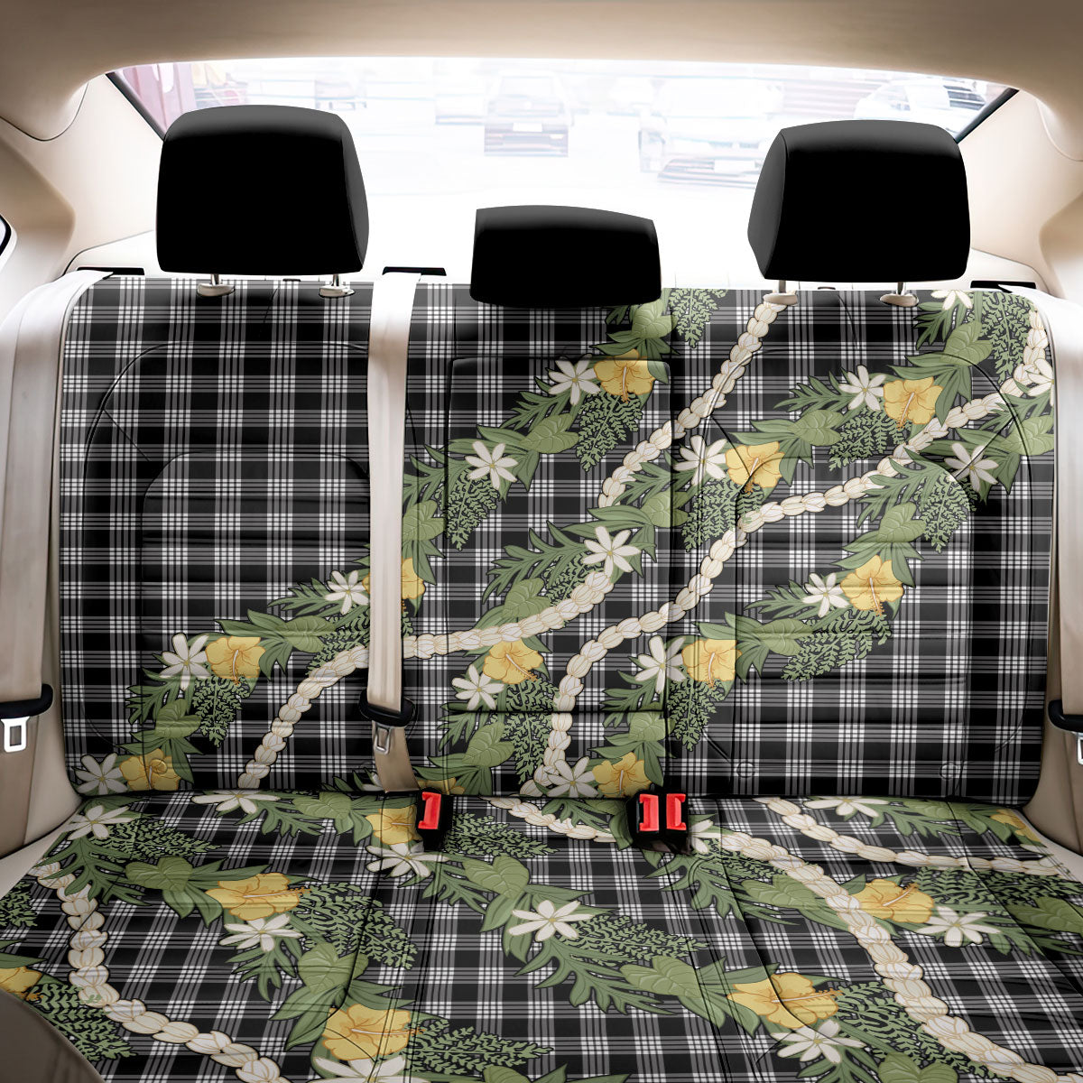 Aloha Puakenikeni Anthurium Pikake Lei Back Car Seat Cover Black Hawaiian Palaka Pattern LT9 - Polynesian Pride