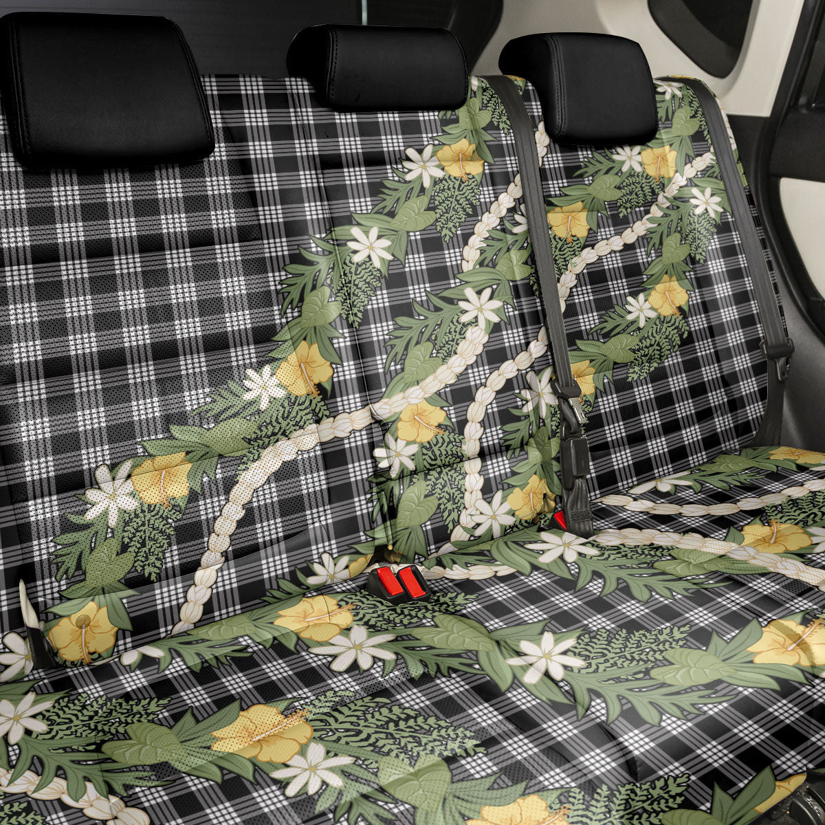 Aloha Puakenikeni Anthurium Pikake Lei Back Car Seat Cover Black Hawaiian Palaka Pattern LT9 - Polynesian Pride