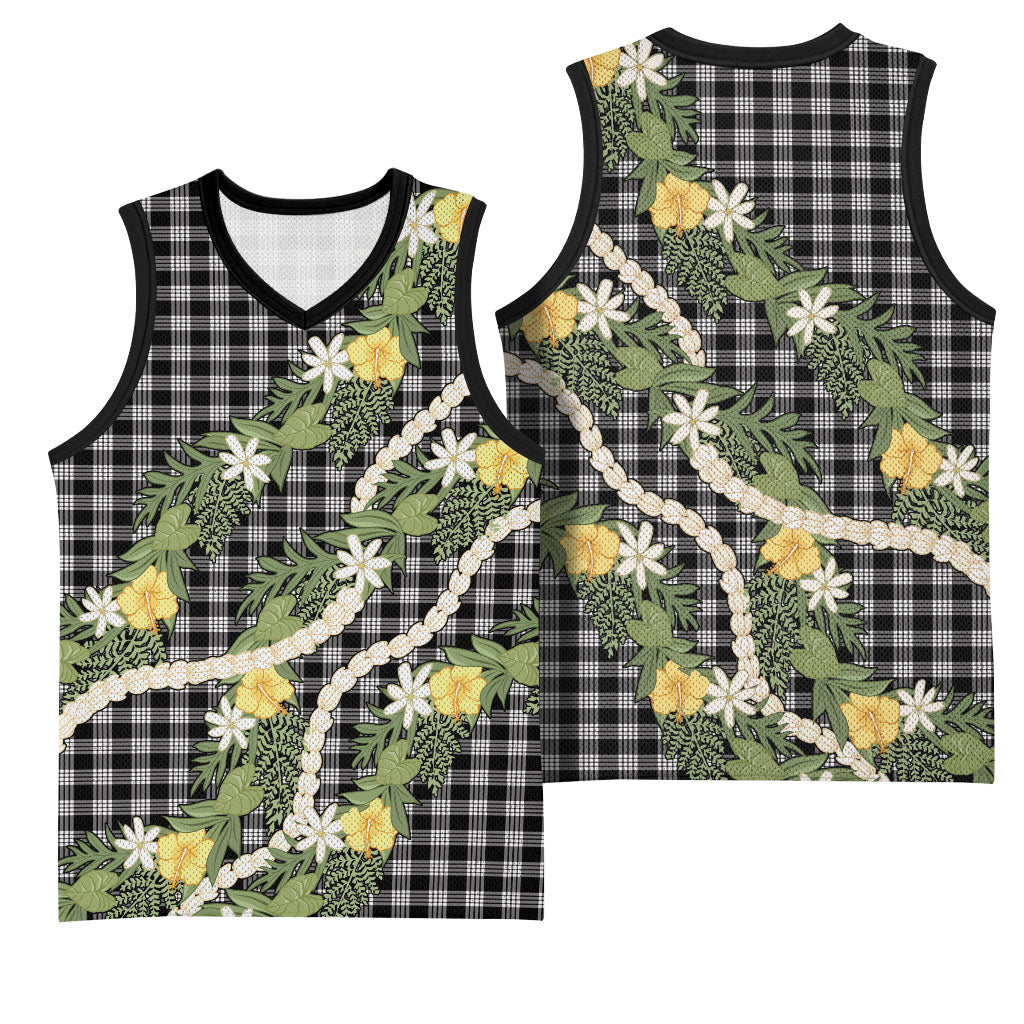 Aloha Puakenikeni Anthurium Pikake Lei Basketball Jersey Black Hawaiian Palaka Pattern LT9 - Polynesian Pride