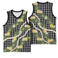 Aloha Puakenikeni Anthurium Pikake Lei Basketball Jersey Black Hawaiian Palaka Pattern LT9 - Polynesian Pride