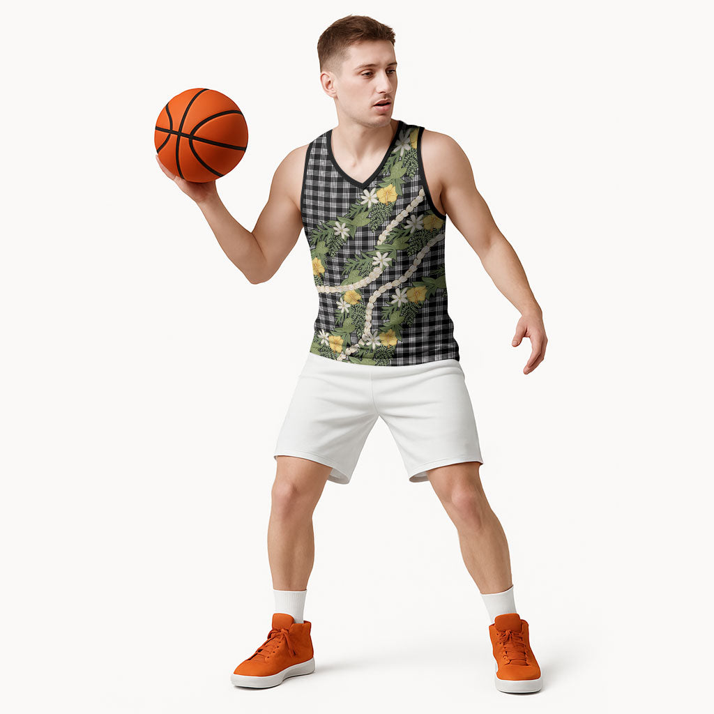 Aloha Puakenikeni Anthurium Pikake Lei Basketball Jersey Black Hawaiian Palaka Pattern LT9 - Polynesian Pride